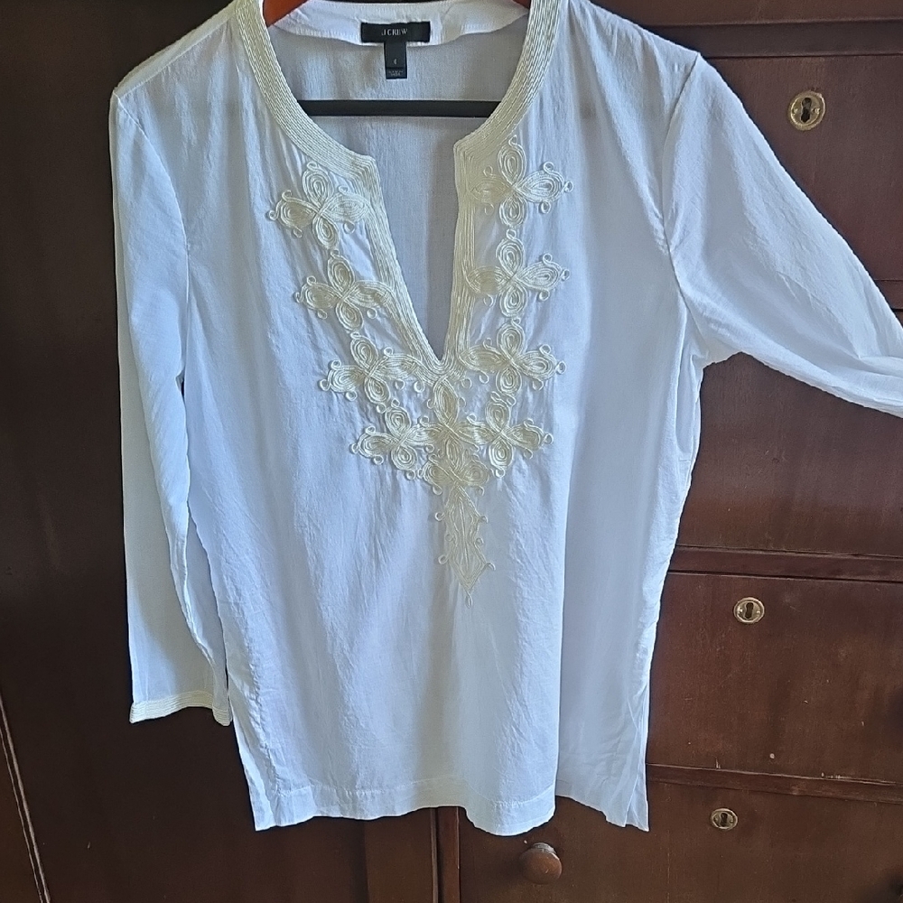 J Crew Cream Embellished Mandarin Collar Blouse Tunic Moroccan Caftan Size 6